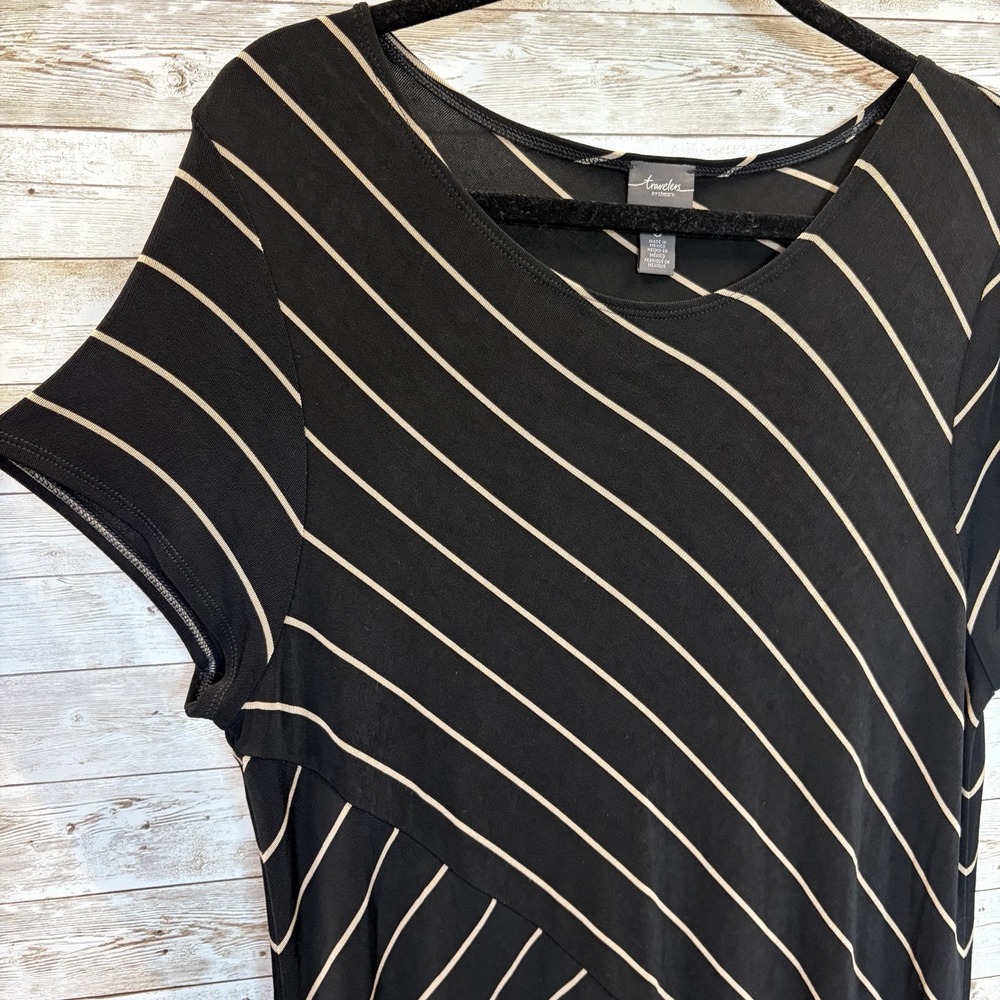 Travelers By Chicos Womens 3 (16-18) Maxi Dress Asymmetrical Stripes Black Tan